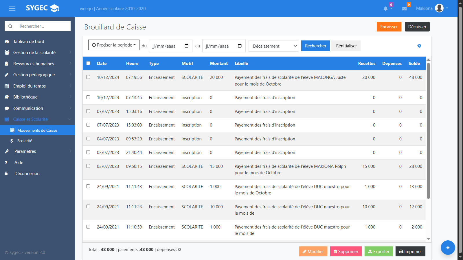 Interface réelle du logiciel SYGEC