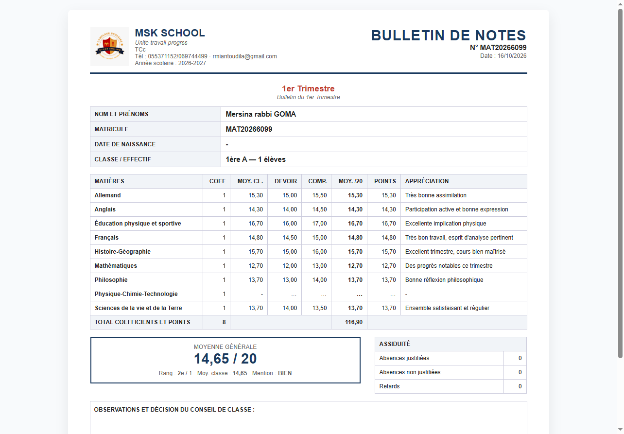Aperçu officiel d'un bulletin scolaire généré par SYGEC
